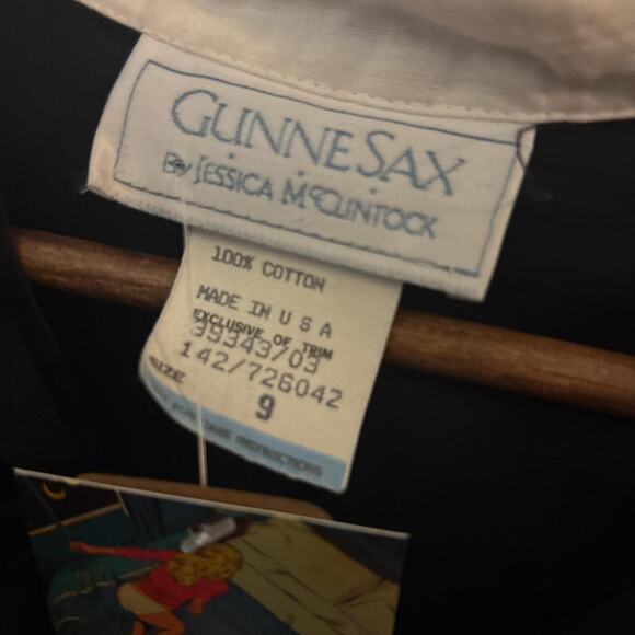 Vintage Gunne Sax Black Peplum Dress White Cuffs Collar Secretary Style Size 9 - Picture 8 of 8